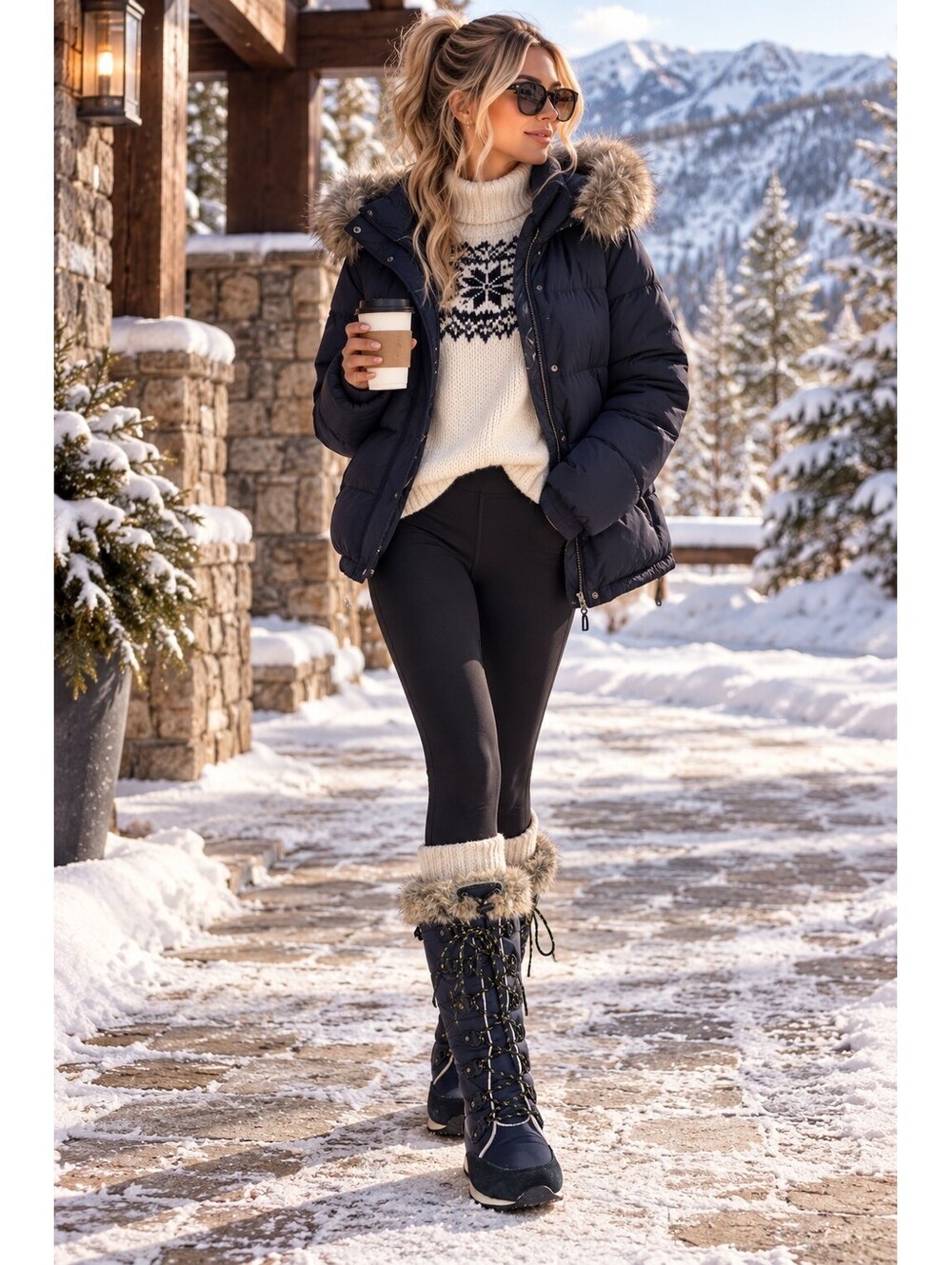 L.L.Bean Carrabassett Tall Snow Boots Women’s 7 Navy Faux Fur Lace Up 284883